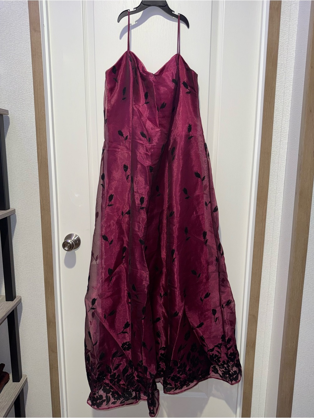 Women’s Burgundy Spaghetti-Strap Party Dress with Black Floral Details